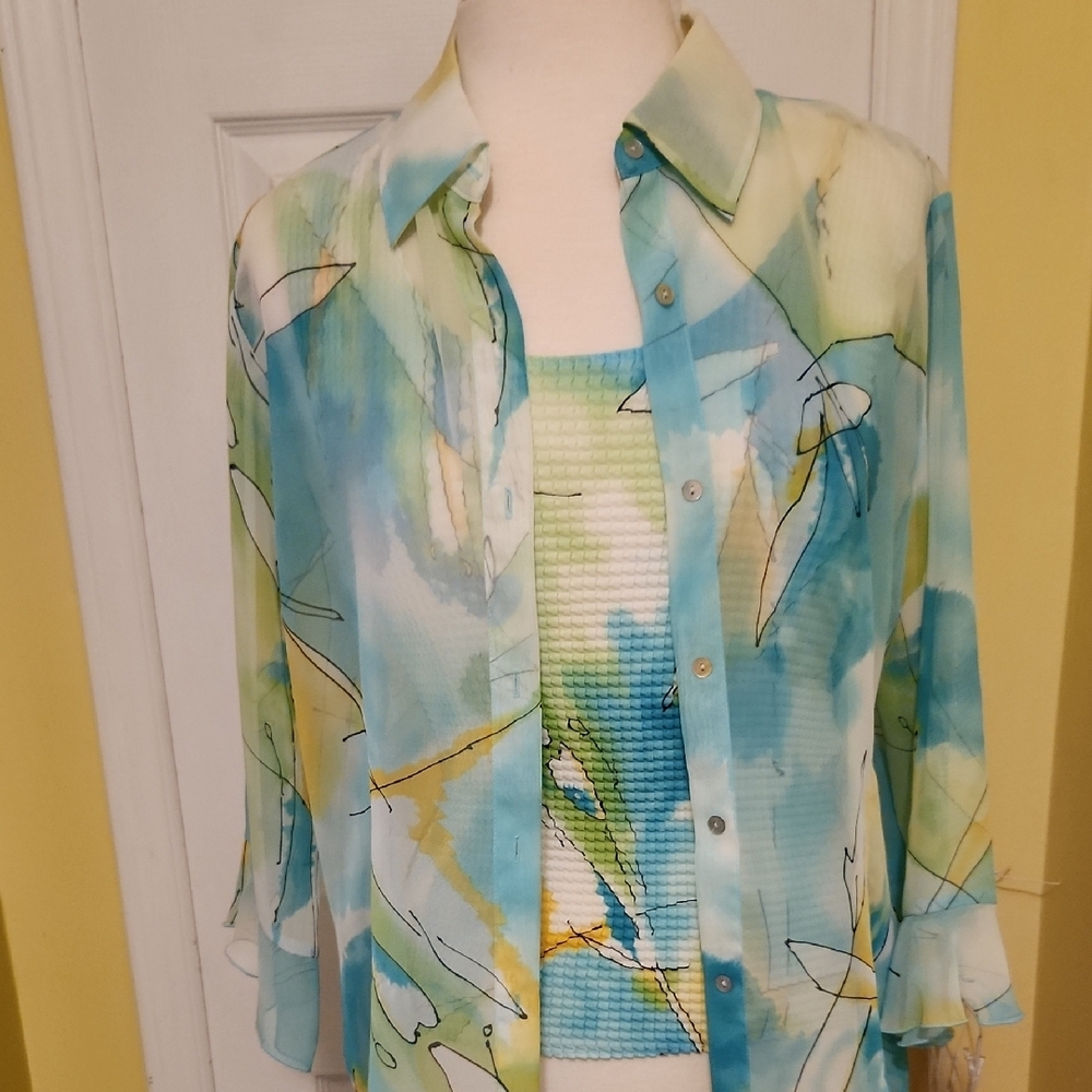 Beautiful Watercolor Print Polyester Sheer Blouse With Cami 2-piece Set